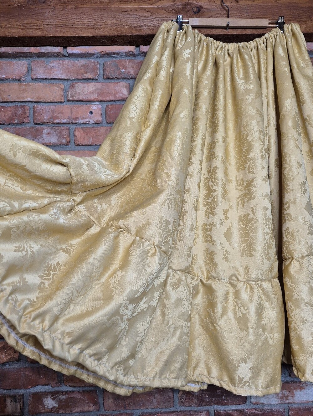 Handmade Vintage Gold Jacquard Maxi Skirt Elastic Waist Ruffle Hem Cottagecore - Picture 3 of 9